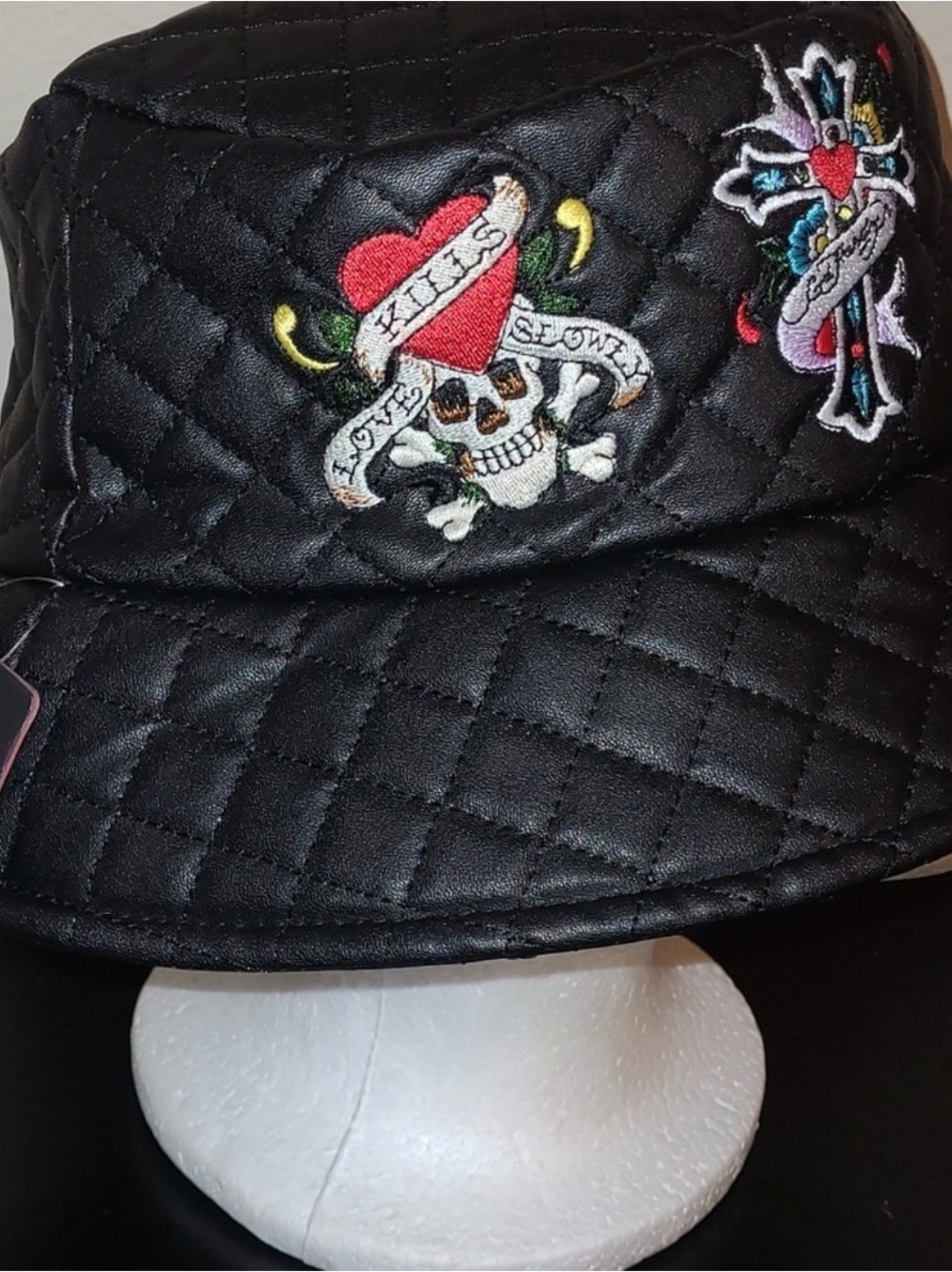 Ed Hardy Black Quilted Bucket Hat with Red Heart Skull Embroidery